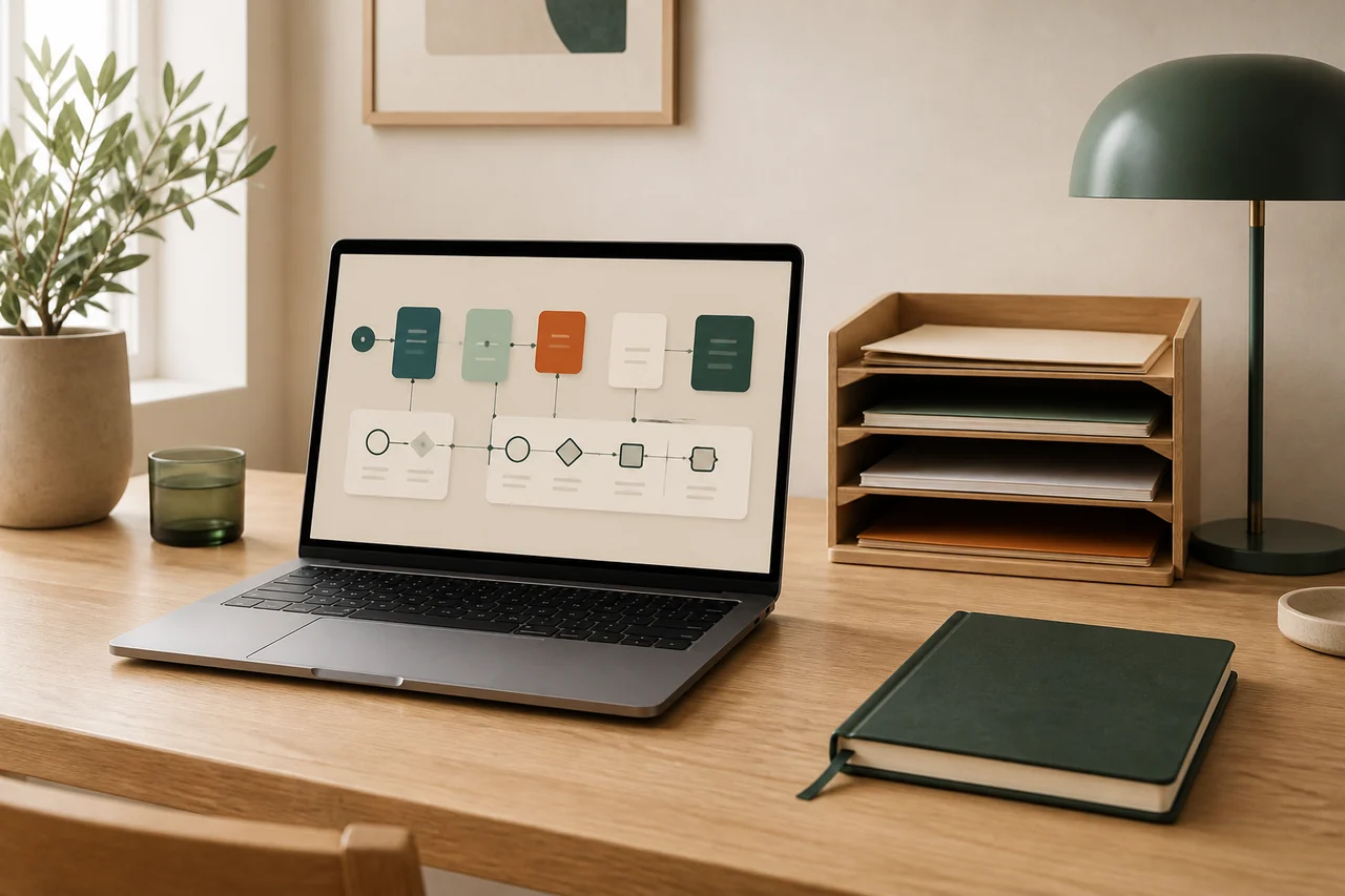 Een rustige werkplek met een helder digitaal werkproces en geordende administratie